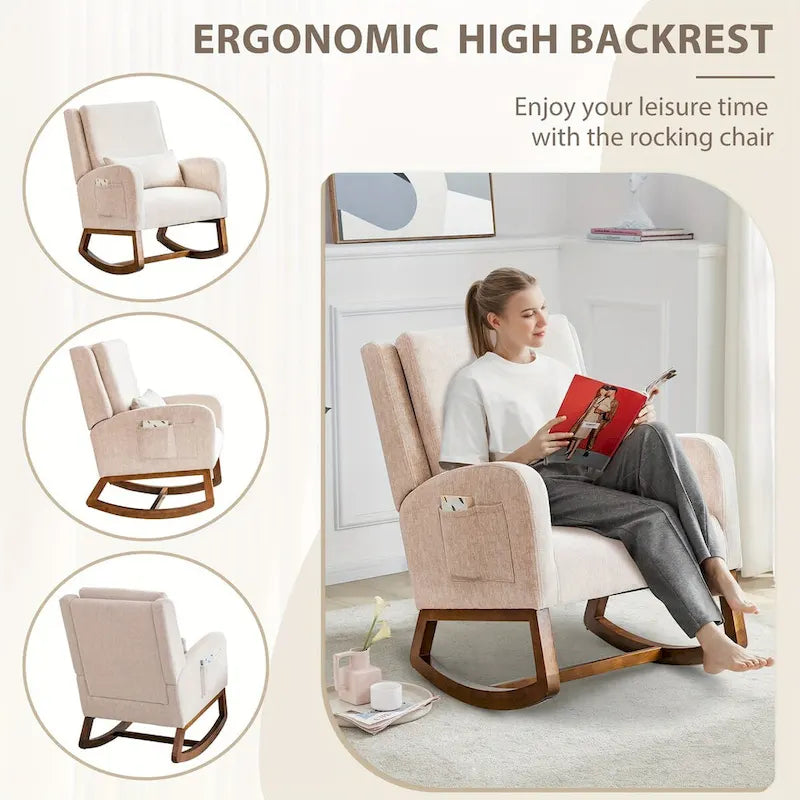 Fauteuil à bascule en tissu noir/gris/beige avec oreiller, planeur pour 1 personne