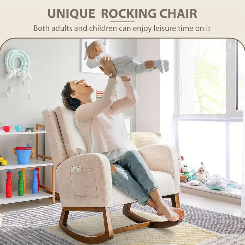Fauteuil à bascule en tissu noir/gris/beige avec oreiller, planeur pour 1 personne