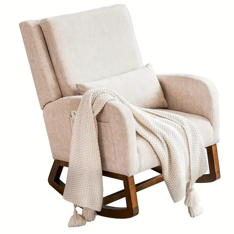 Fauteuil à bascule en tissu noir/gris/beige avec oreiller, planeur pour 1 personne