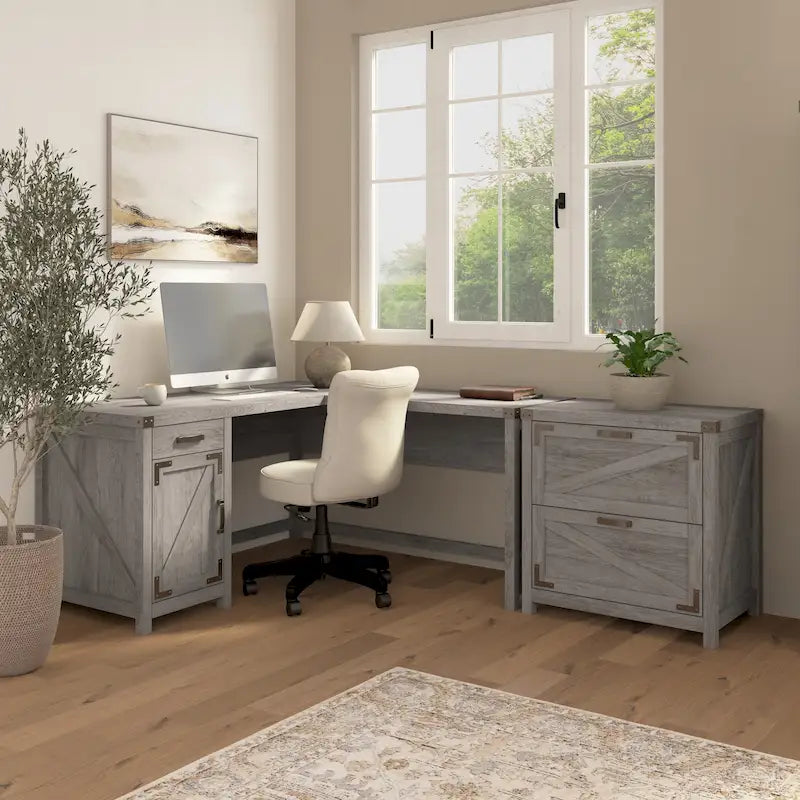 Bureau d'angle en L avec caisson de classement à 2 tiroirs – Gris restauré / Pin recyclé / Blanc chalet