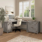 Bureau d'angle en L avec caisson de classement à 2 tiroirs – Gris restauré / Pin recyclé / Blanc chalet