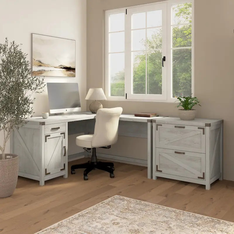 Bureau d'angle en L avec caisson de classement à 2 tiroirs – Gris restauré / Pin recyclé / Blanc chalet
