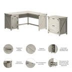 Bureau d'angle en L avec caisson de classement à 2 tiroirs – Gris restauré / Pin recyclé / Blanc chalet