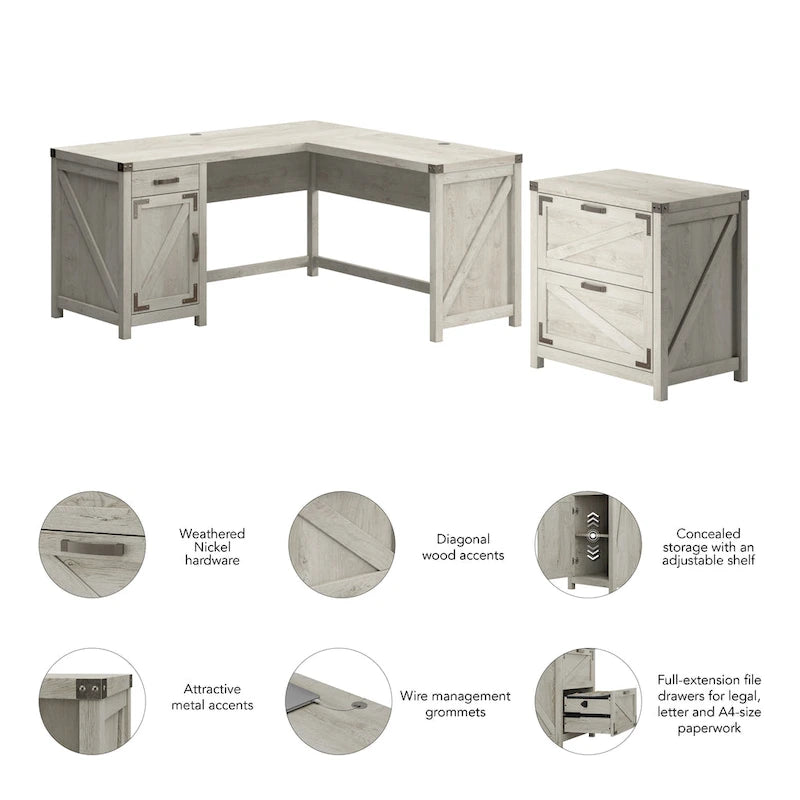 Bureau d'angle en L avec caisson de classement à 2 tiroirs – Gris restauré / Pin recyclé / Blanc chalet