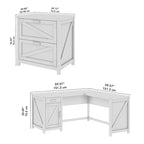 Bureau d'angle en L avec caisson de classement à 2 tiroirs – Gris restauré / Pin recyclé / Blanc chalet