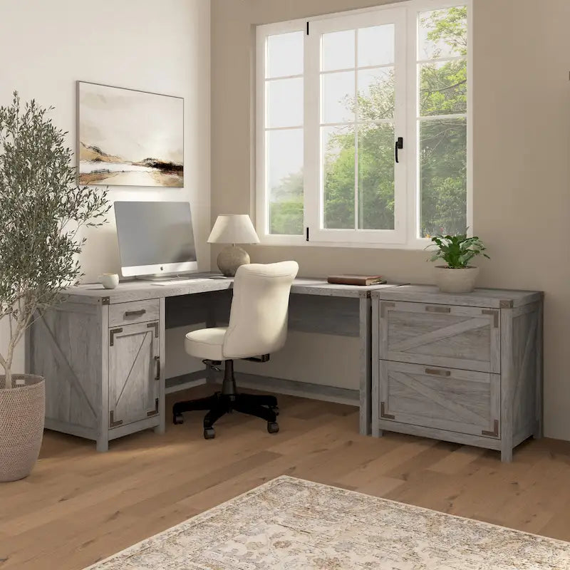 Bureau d'angle en L avec caisson de classement à 2 tiroirs – Gris restauré / Pin recyclé / Blanc chalet