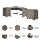 Bureau d'angle en L avec caisson de classement à 2 tiroirs – Gris restauré / Pin recyclé / Blanc chalet