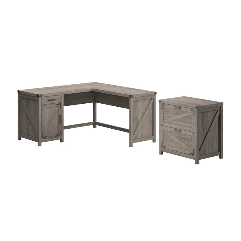 Bureau d'angle en L avec caisson de classement à 2 tiroirs – Gris restauré / Pin recyclé / Blanc chalet
