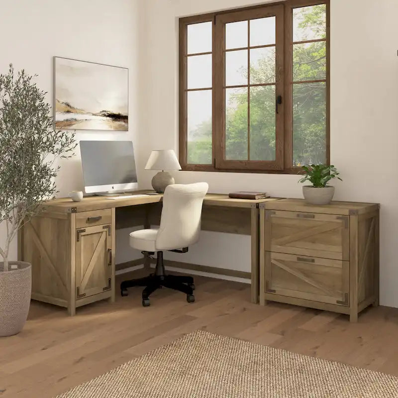 Bureau d'angle en L avec caisson de classement à 2 tiroirs – Gris restauré / Pin recyclé / Blanc chalet