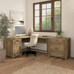 Bureau d'angle en L avec caisson de classement à 2 tiroirs – Gris restauré / Pin recyclé / Blanc chalet