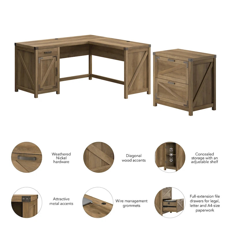 Bureau d'angle en L avec caisson de classement à 2 tiroirs – Gris restauré / Pin recyclé / Blanc chalet