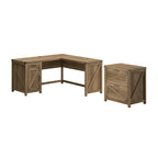 Bureau d'angle en L avec caisson de classement à 2 tiroirs – Gris restauré / Pin recyclé / Blanc chalet