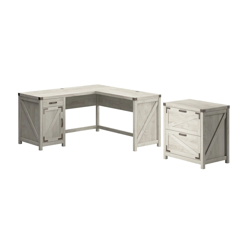Bureau d'angle en L avec caisson de classement à 2 tiroirs – Gris restauré / Pin recyclé / Blanc chalet
